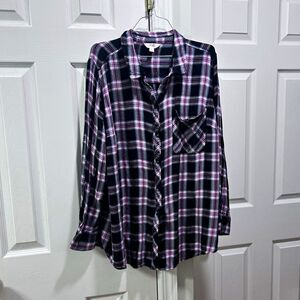 Terra & Sky 2X Black Purple White Plaid Flannel Button Up Shirt Pockets LS